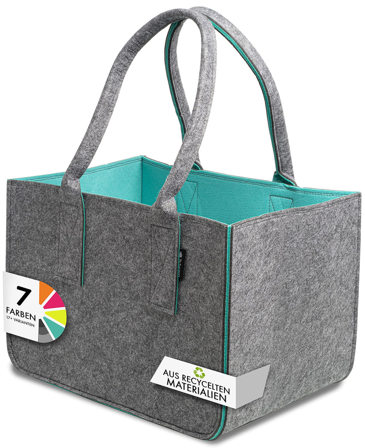 Shopping Bag aus recyceltem Filz-Stoff, grosse Einkaufs-Tasche, zweifarbig dunkelgrau/türkis, lange