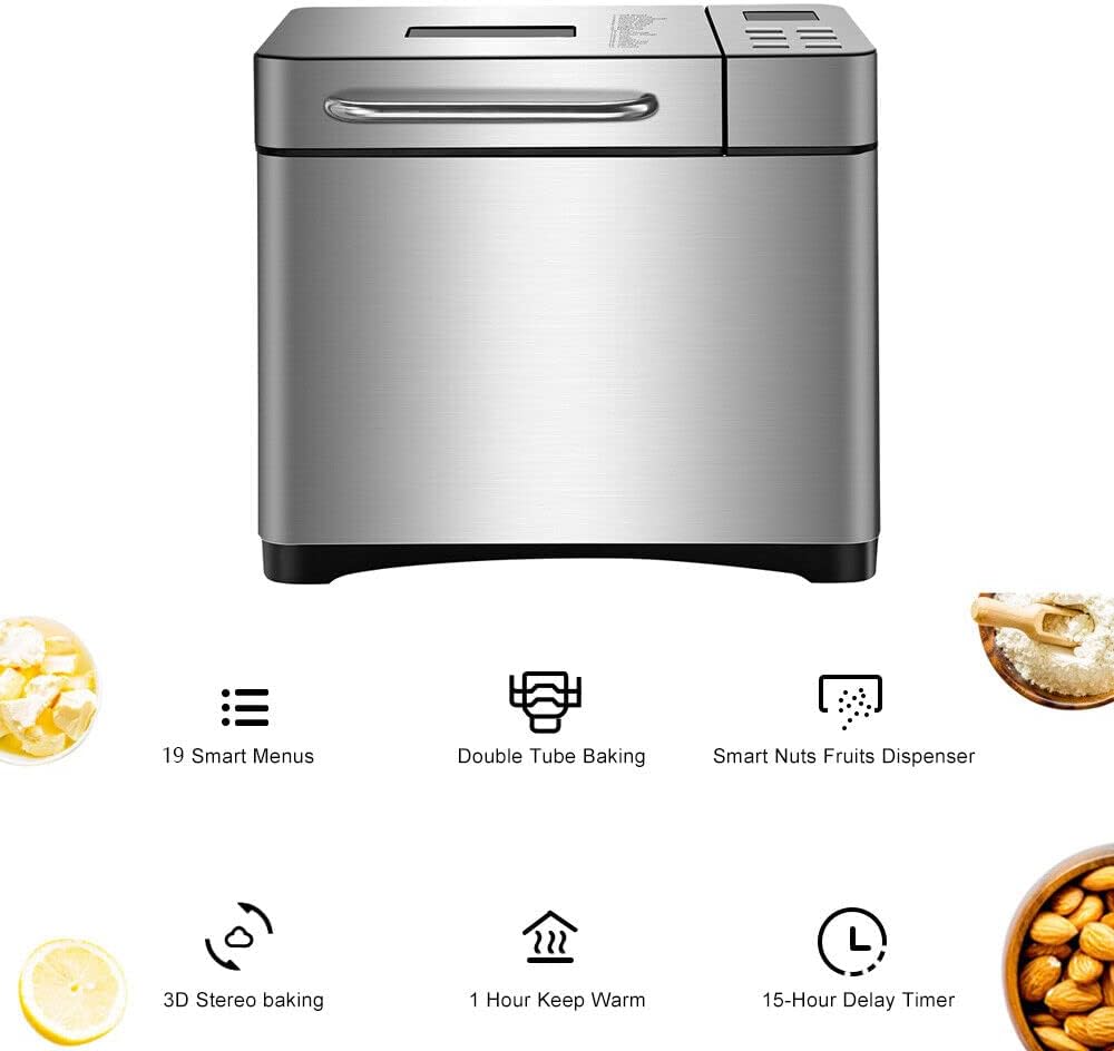 Brotbackautomaten 19 IN 1, Edelstahl Brotbackautomaten mit Digital Touch Panel, 650W Brotbackmaschin