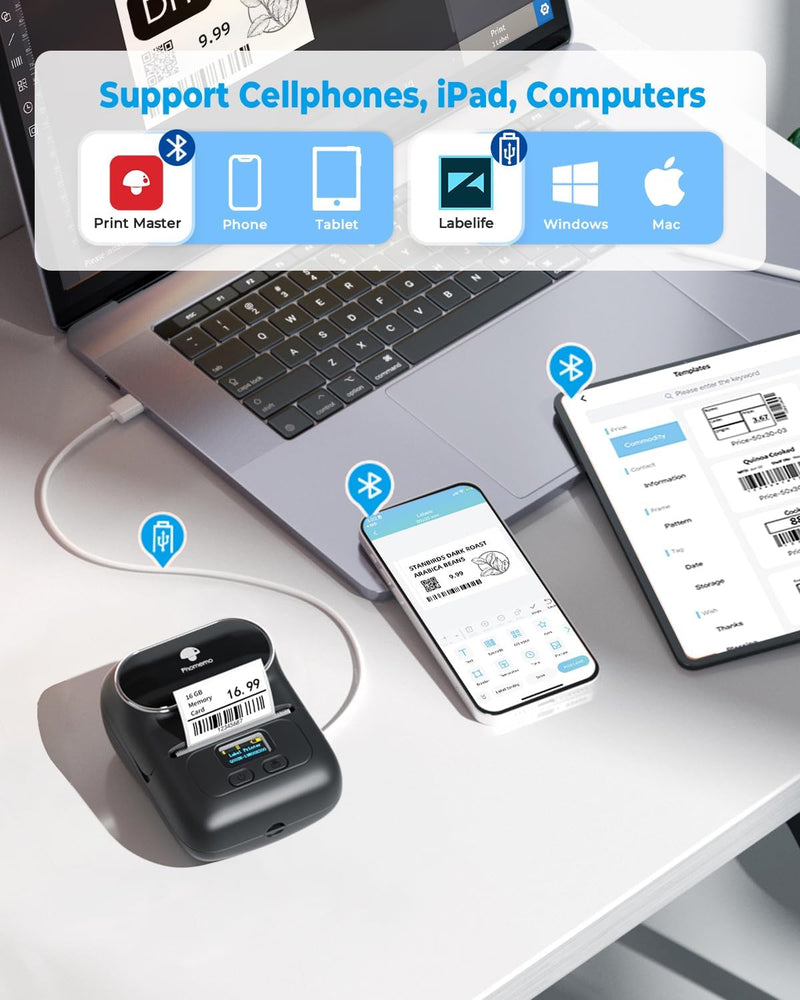 Phomemo M110 Etikettendrucker mit 3 Etikettenrollen, Beschriftungsgerät Selbstklebend für Telefon un