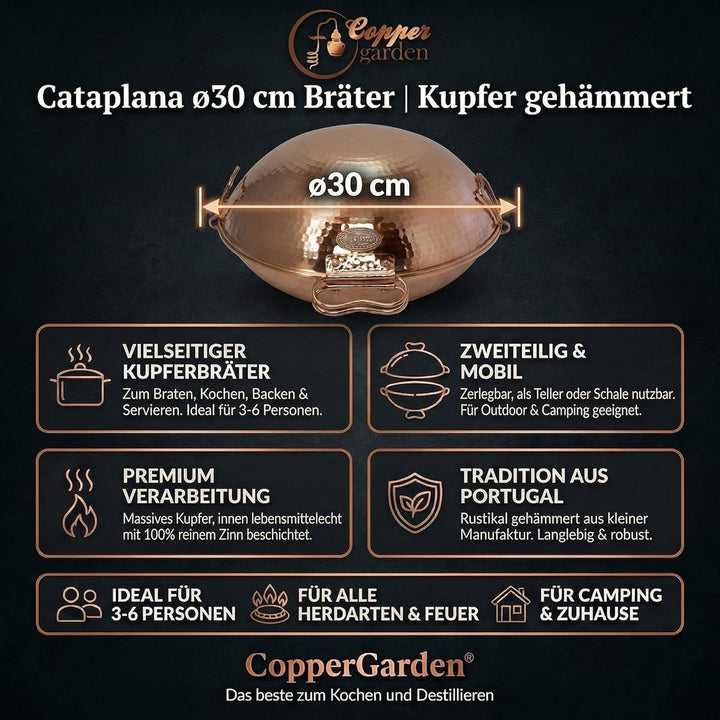 CopperGarden® Cataplana Bräter aus handverzinntem gehämmerten Kupfer mit ca 30 cm Durchmesser I Port