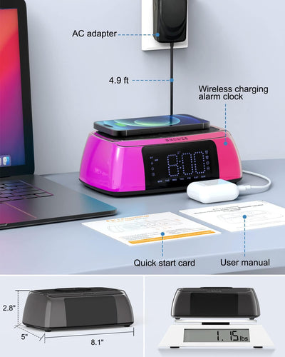 Digitaler Wecker mit kabellosem Laden, Bluetooth-Lautsprecher, Nachtlicht, Soundmaschine, 0-100% Dim