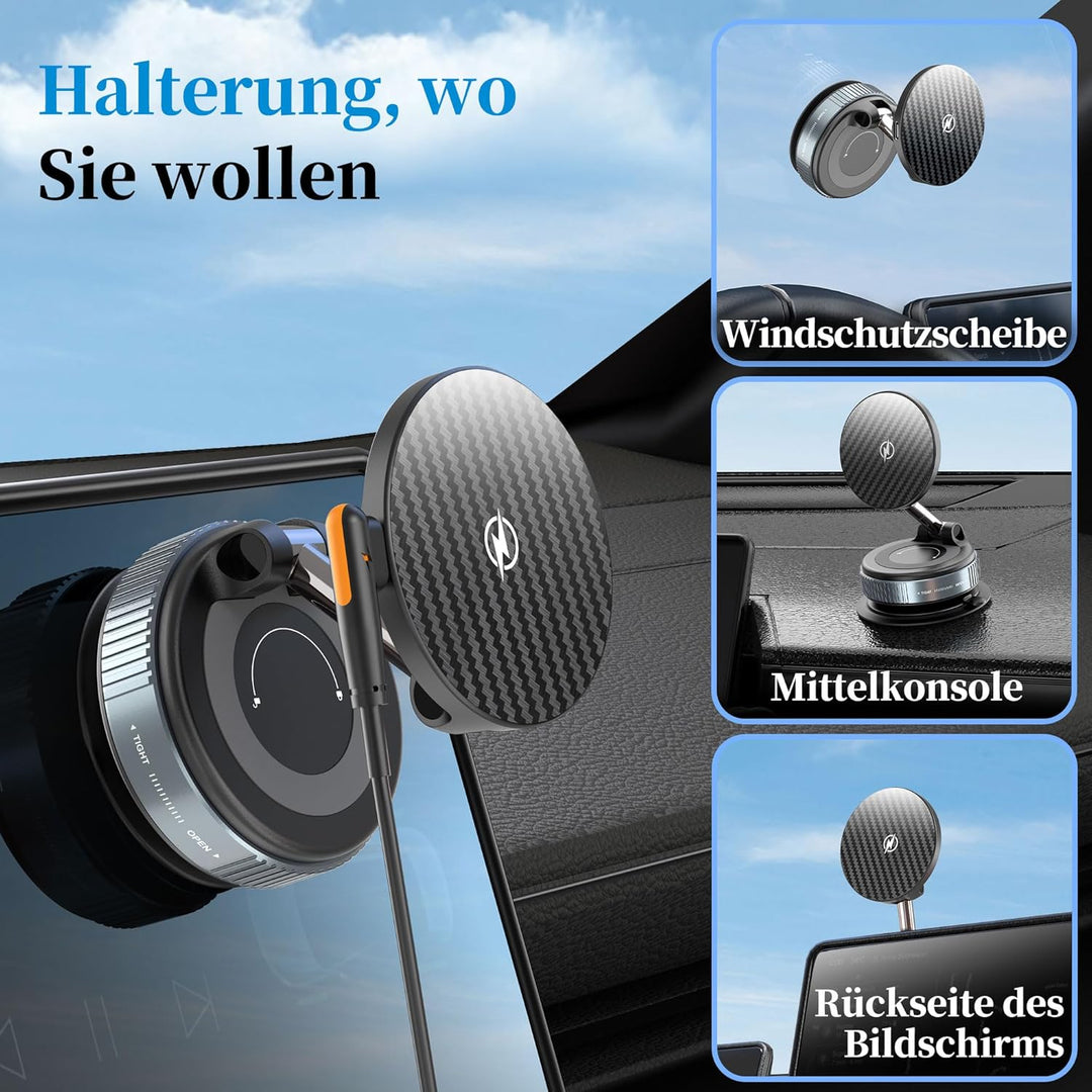 PlusAcc Vakuum Handyhalterung Auto mit Ladefunktion - Saugnapf 360° Drehbar Klappbar Magnetisch Hand