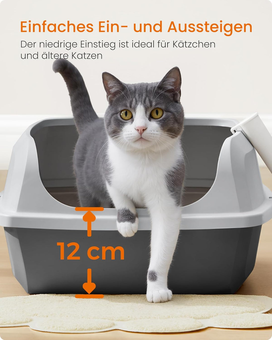 Feandrea Katzenklo mit hohen Seitenwänden, XL, offene Katzentoilette, mit Schaufel, für Kätzchen und