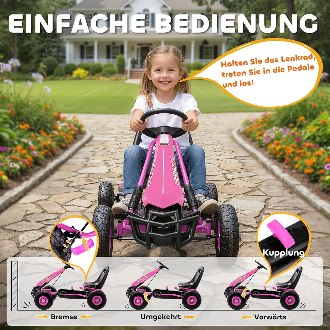 AIYAPLAY Gokart, Tretauto mit Handbremse, verstellbarem Sitz, Vor- und Rückwärtsgang, Pedalantrieb,
