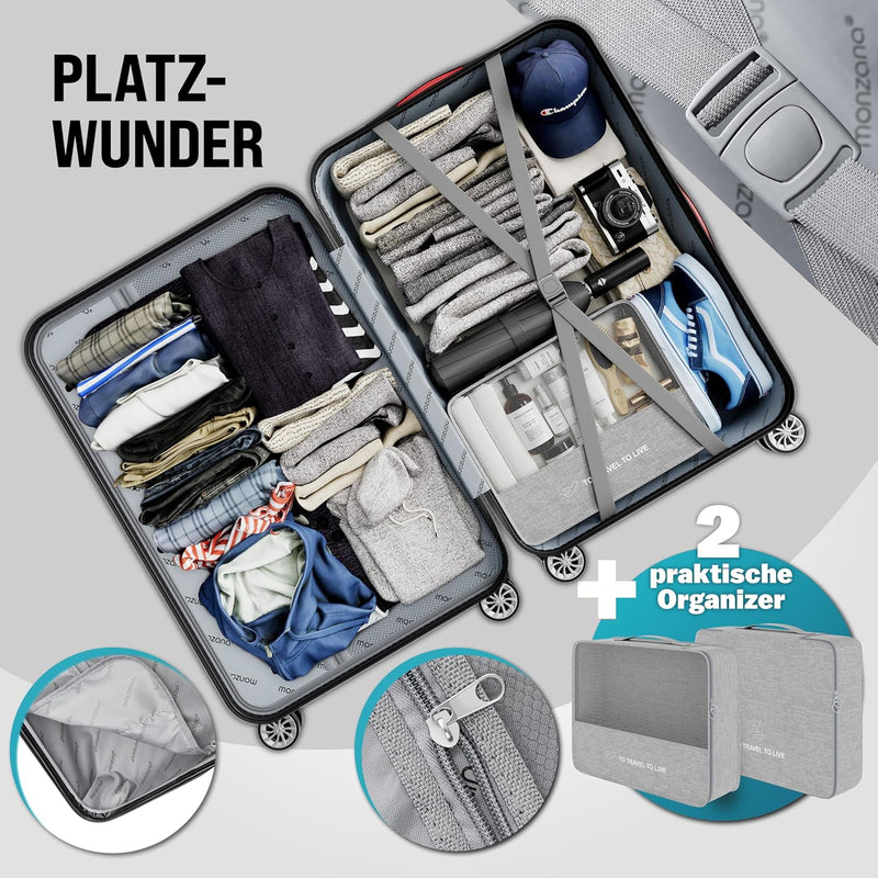 MONZANA® 4tlg Kofferset mit Beautycase Schloss Organizer Kofferwaage Gurt Gel-Griffe Zwillingsrollen