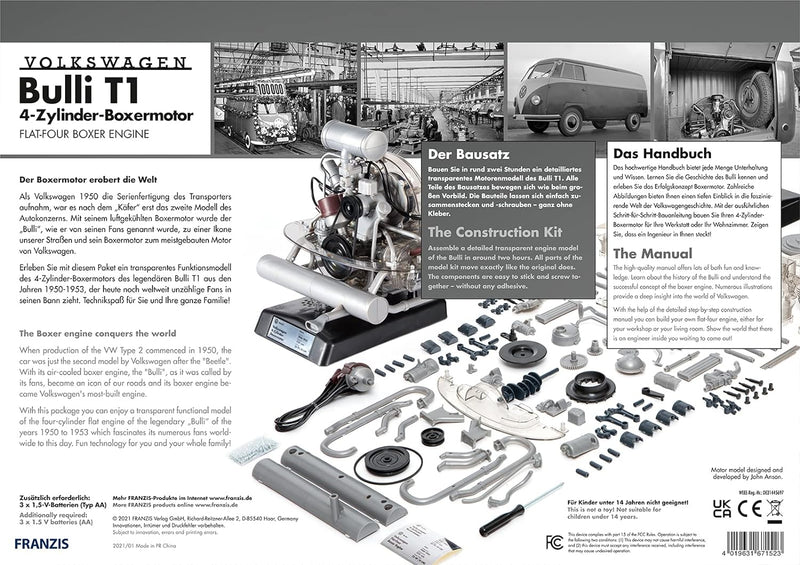 FRANZIS 67152 – Volkswagen VW Bulli T1 Boxermotor, originalgetreuer Motorbausatz des 4-Zylinder Moto