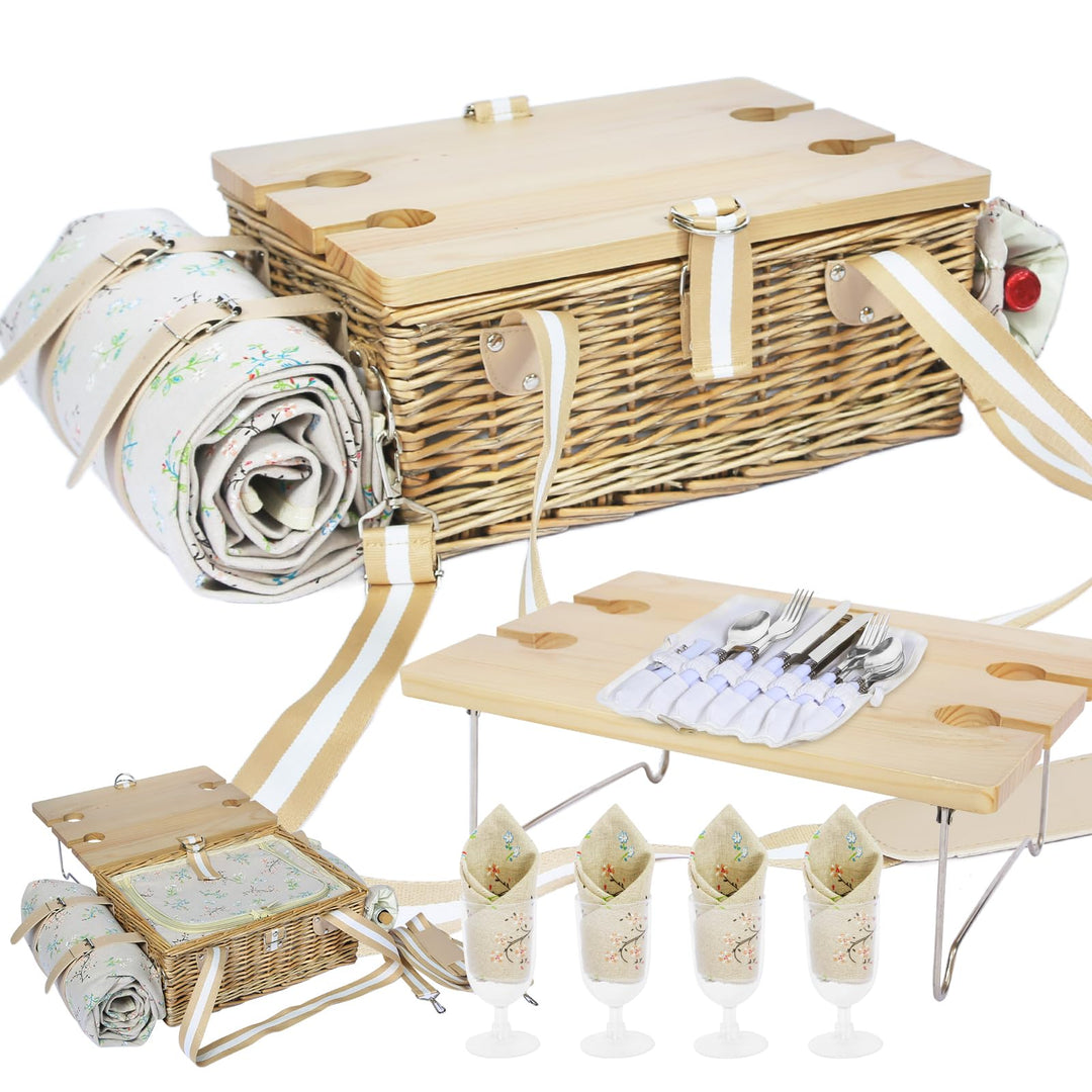 Picknickkorb-Set mit Klapptisch und Besteck-Set, Picknickkorb für 4 Personen mit kühltaschen, Flecht