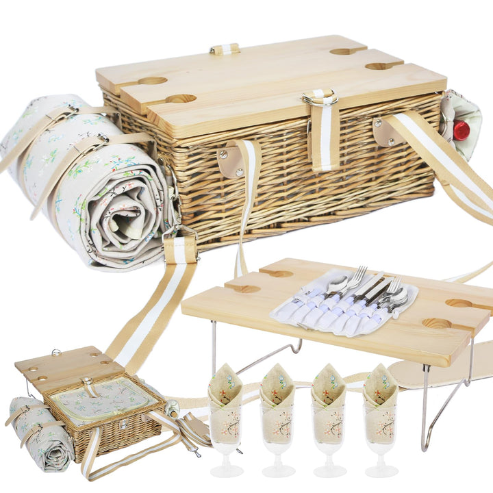Picknickkorb-Set mit Klapptisch und Besteck-Set, Picknickkorb für 4 Personen mit kühltaschen, Flecht
