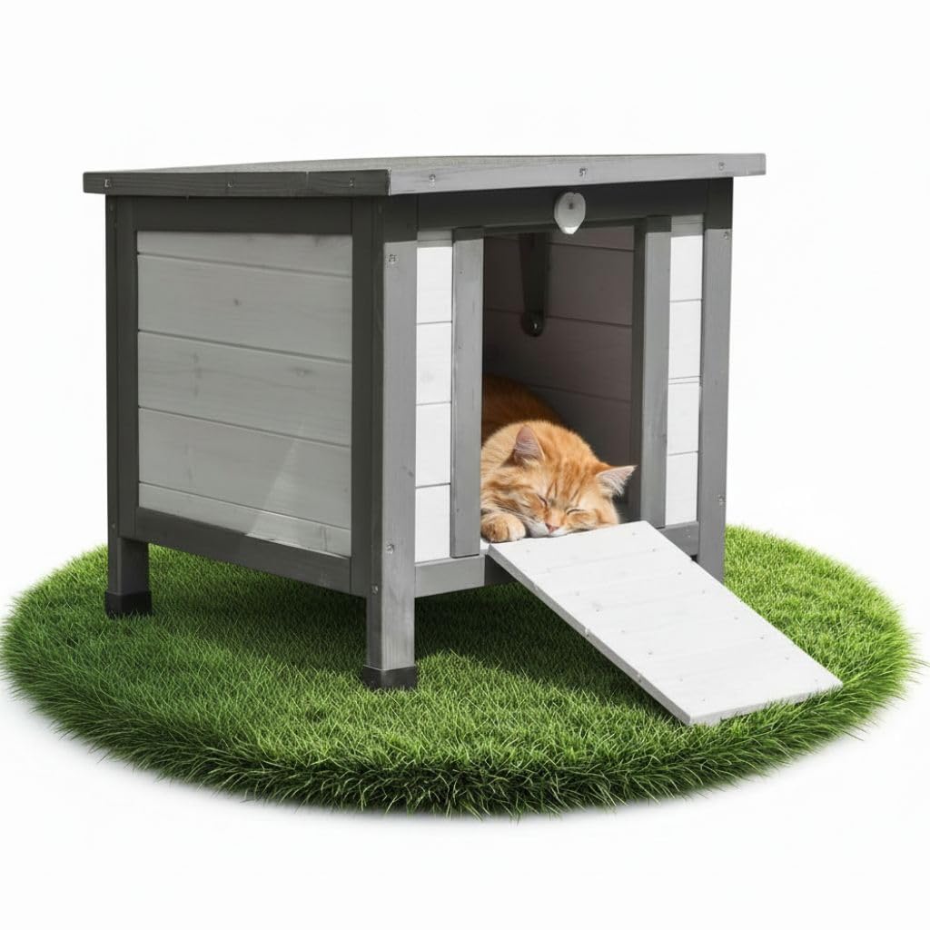 Mucola Katzenhaus Winterfest mit klappbarem Deckel und Rampe 50x45x43cm Katzenhütte Outdoor Wurfkist