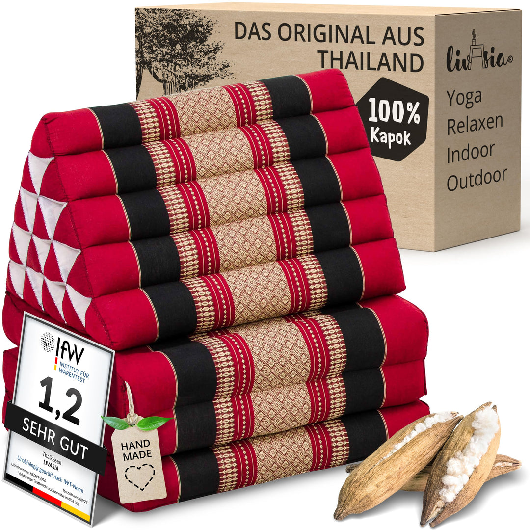 livasia Thaikissen 3 Auflagen extrahoch - 185x55x8cm - Dreieckskissen mit Klappmatratze, Kapok, Jumb
