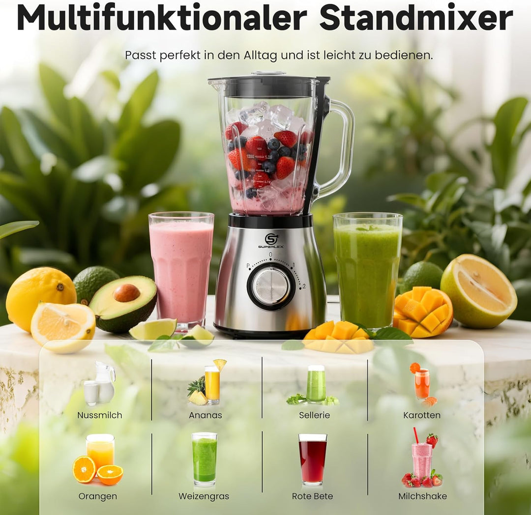 Standmixer 800W Hochleistungsmixer mit 1,5L Glasbehälter 2 Geschwindigkeitsstufen Plus Pulse Edelsta