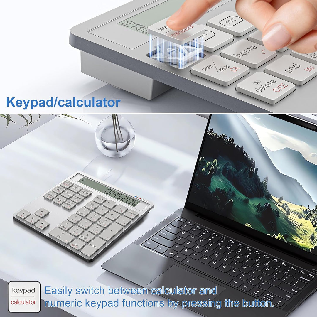 Wiederaufladbares 2-in-1 Ziffernfeld mit Bluetooth & USB, 34 Tasten mit Rechner-Display, schlank & p