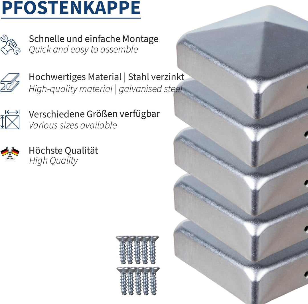 Pfostenkappen 8x8 cm (5 Stück) ATTAS inkl. Schrauben aus Metall für Holzpfosten &amp; Metallpfosten 80x8