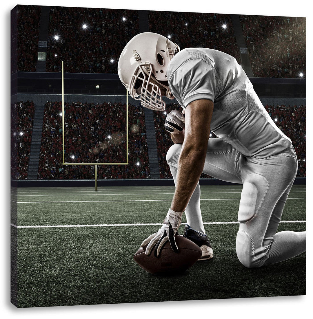 knieender Football-Spieler, Format: 70x70 auf Leinwand, XXL riesige Bilder fertig gerahmt mit Keilra