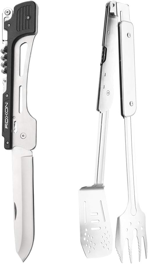 Roxon MBT3 6-in-1 Multifunktionales abnehmbares faltbares Grillwerkzeug-Set für Hinterhof-Grillen, B