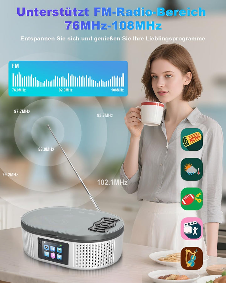 Tragbarer CD Player, CD Player Bluetooth mit Dual Stereo Lautsprecher, 4000mAh Rechargeable Desktop
