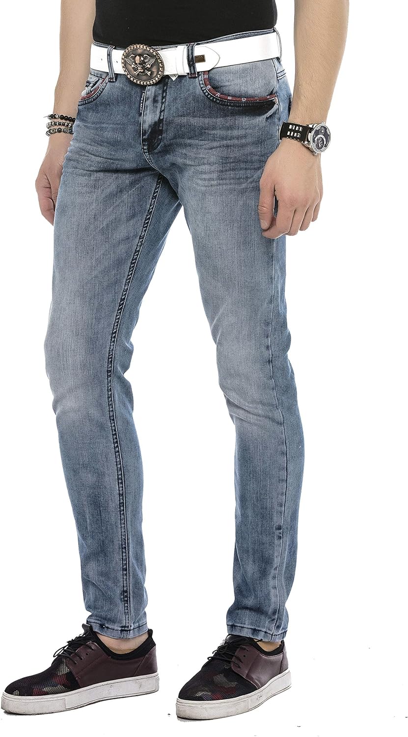 Cipo & Baxx Herren Jeans Hose Klassich Regular Fit Acid Waschung Five-Pocket Design Jeanshose Blau W
