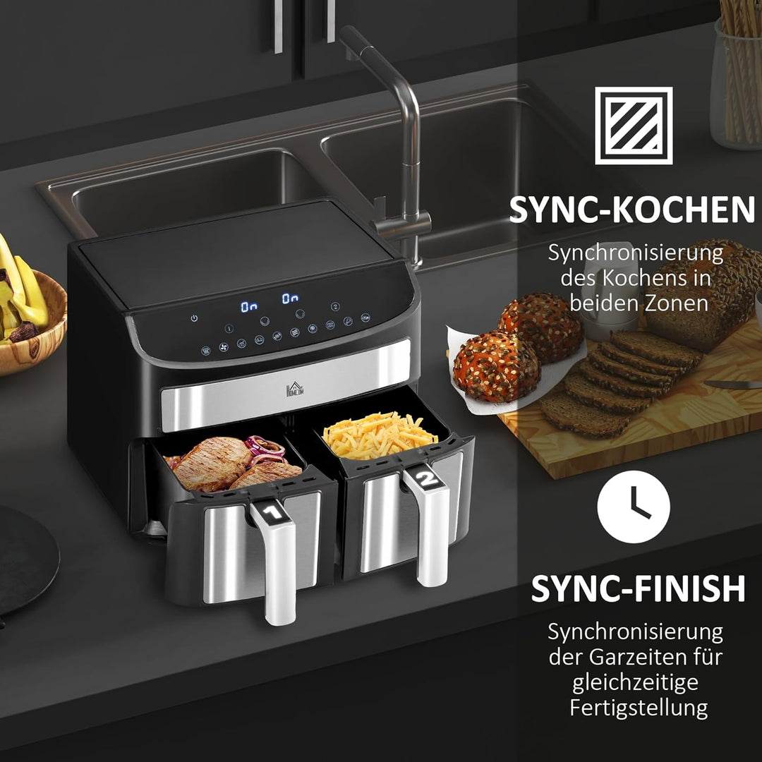 HOMCOM Heissluftfritteuse 8L Fritteuse mit Doppelkammer, Airfryer mit 10 Programmen, 2400 W Luftfrit