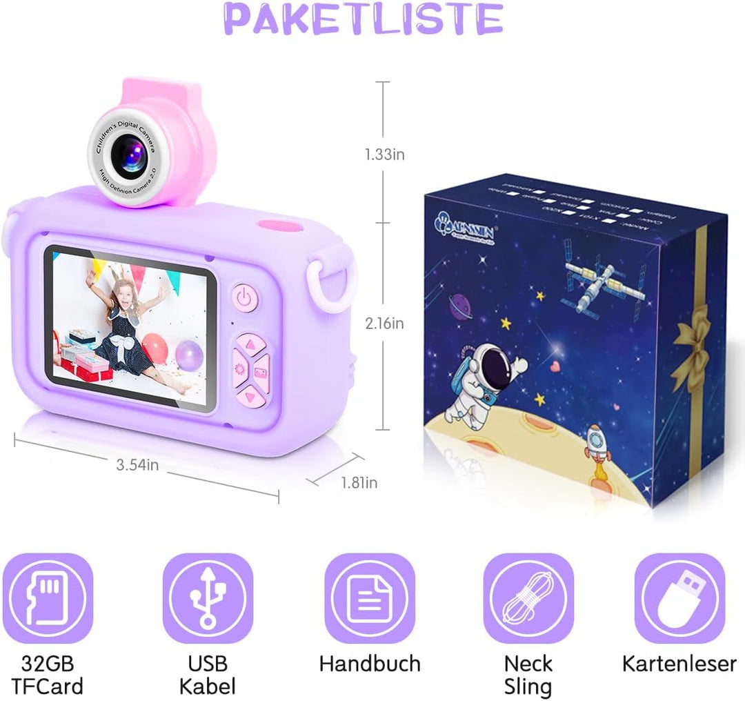 Kinderkamera, ARNSSIEN 180° Flip Lens Kamera für Kinder, 2.4in IPS LCD Digitalkamera mit Gehäuse, Ki