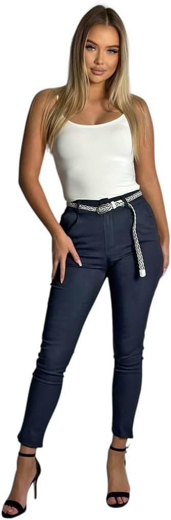 Damen Baumwolle Klassische Chino Hose mit Gürtel, S Dunkelblau