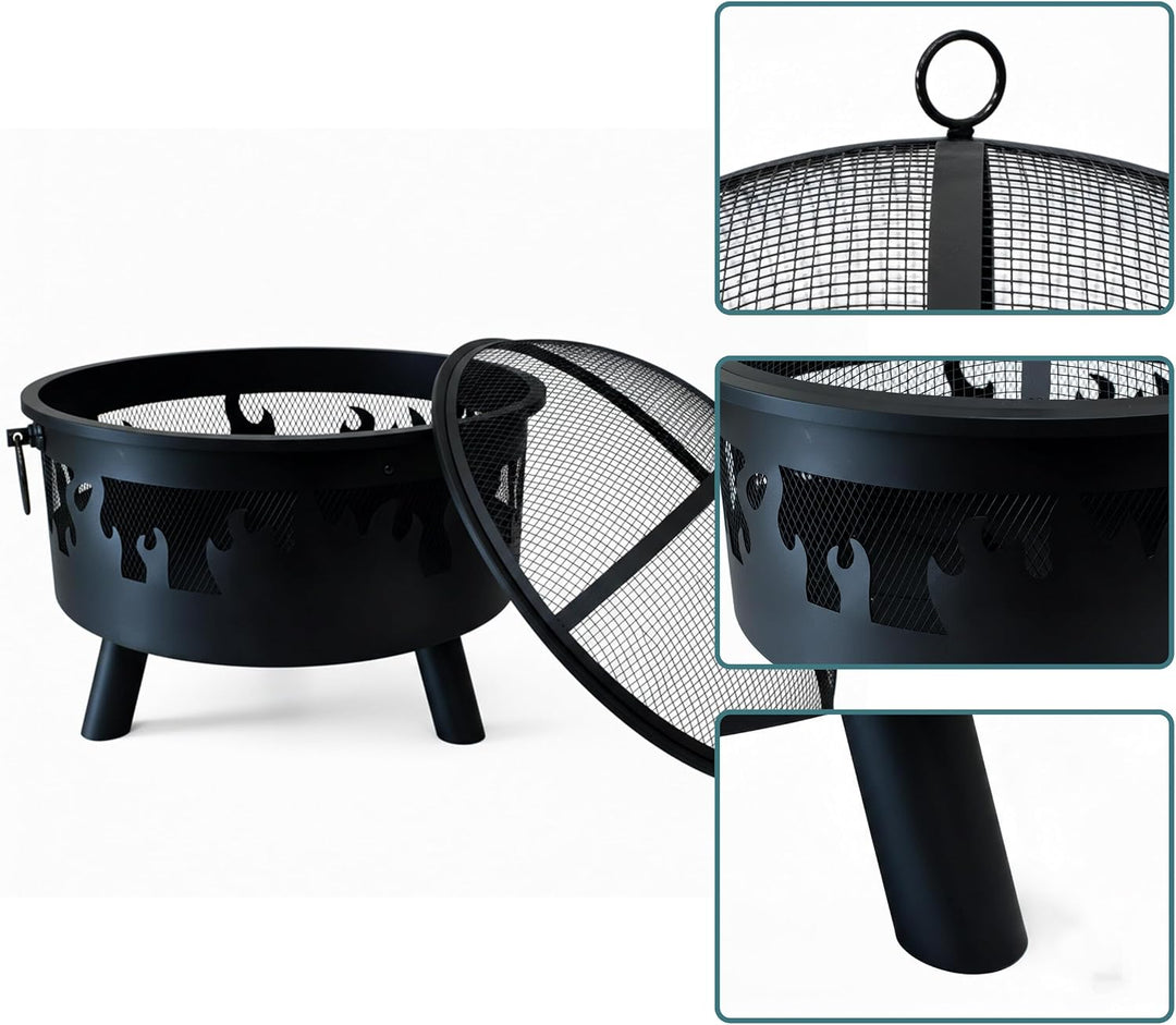Relaxdays Feuerschale, Ø Schale 64 cm, Funkenschutz, Schürhaken, Stahl, Flammen-Design, Feuerstelle