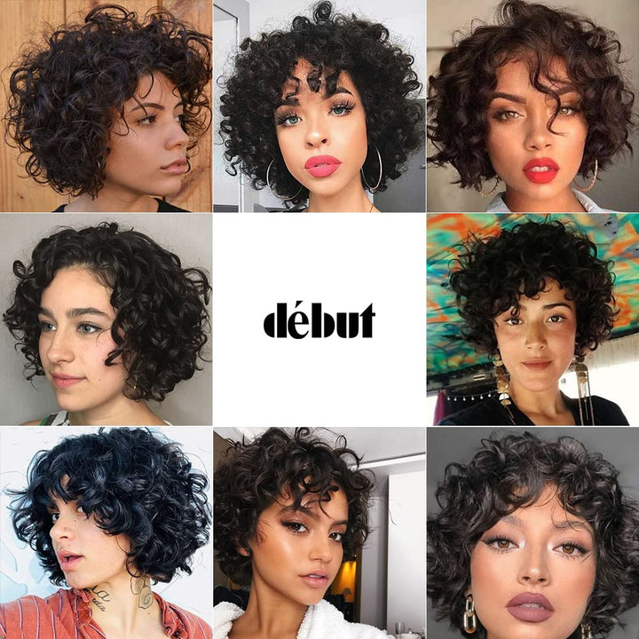 DÉBUT Kurze Bob Perücke mit Air Bangs Kurze lockige gewellte Echthaar Bob Perücke für Damen 25 cm 12