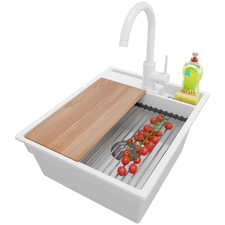 Spülbecken Weiss 43x53 cm, Granitspüle 1 Becken + Ablauf-Set + Küchenarmatur, Küchenspüle ab 45er Un