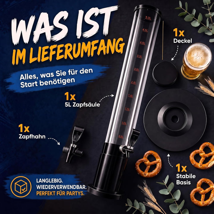 Bierzapfanlage &amp; Biersäule 5L – Premium Getränkespender &amp; Bierturm für Partys – Getränkesäule, Zapfs