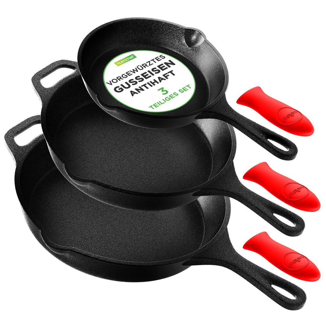 NutriChef Gusseisenpfanne Induktion – Cast Iron Pan, Cast Iron Skillet – Voreingebrante 3er Pan Set