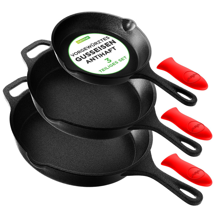 NutriChef Gusseisenpfanne Induktion – Cast Iron Pan, Cast Iron Skillet – Voreingebrante 3er Pan Set