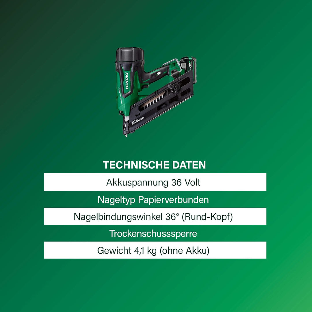 HiKOKI Akku-Ankernagler 34° - 36 V, 38-64 mm Nägel, 2 Nägel/Sek. - Brushless Motor, werkzeuglose Tie