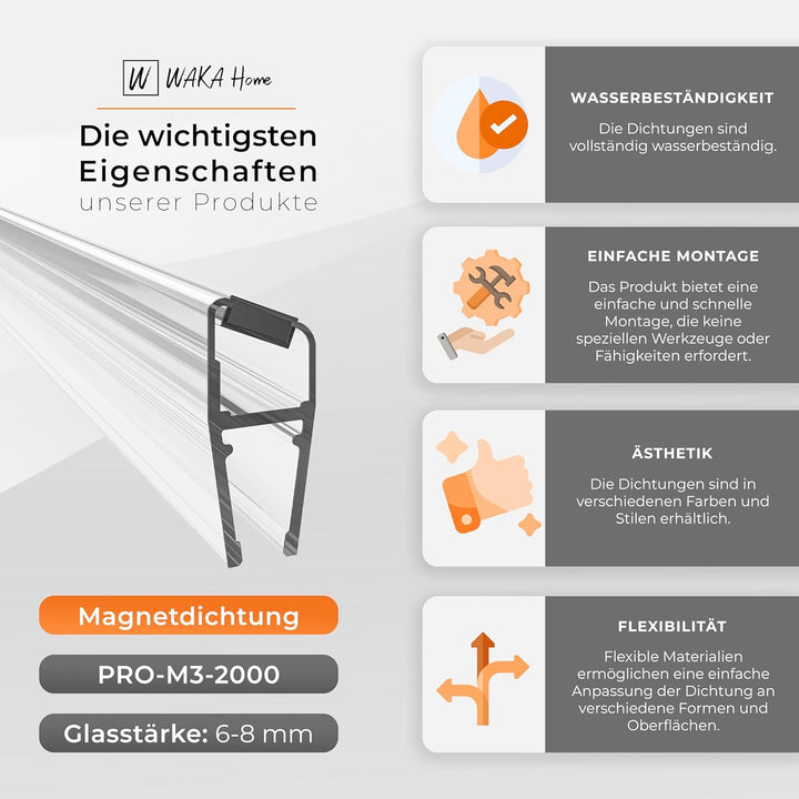 WAKA® Premium SET Magnet - Duschdichtung & Duschtür PRO-M3 Duschdichtungen für Duschtüren Optisch Tr