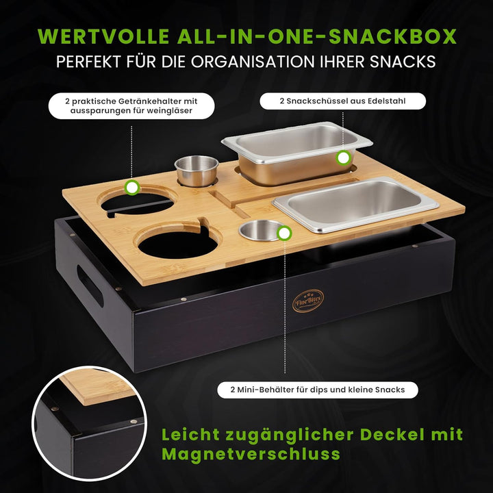 Couchbar Snackbox für 2 aus Bambus – Snackbar Sofatablett mit Getränkehalter & 2 Snackschalen – Couc