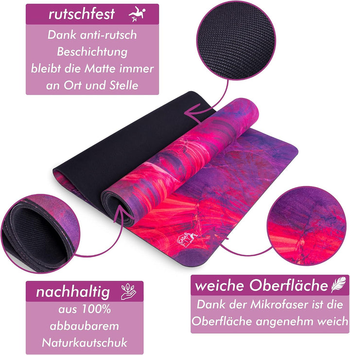 Fitnessmatte, Yogamatte aus umweltfreundlichem Naturkautschuk und rutschfest mit Design und Tragegur