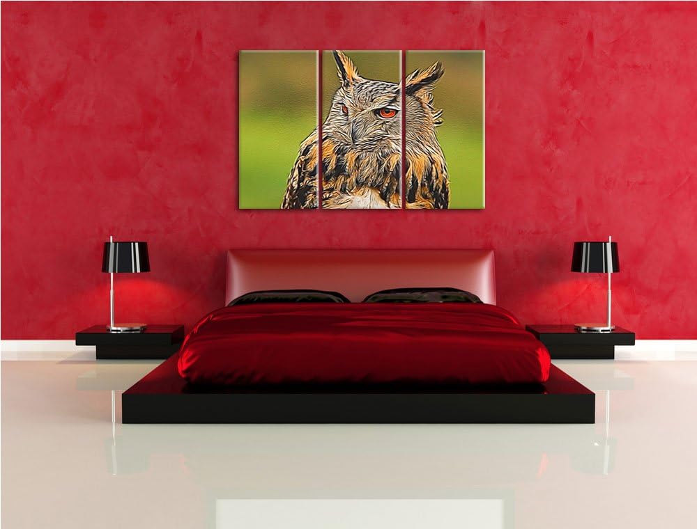 Schläfriger Uhu 3 Teilig, Gesamtgrösse 120x80 cm auf Leinwand, XXL riesige Bilder fertig gerahmt mit