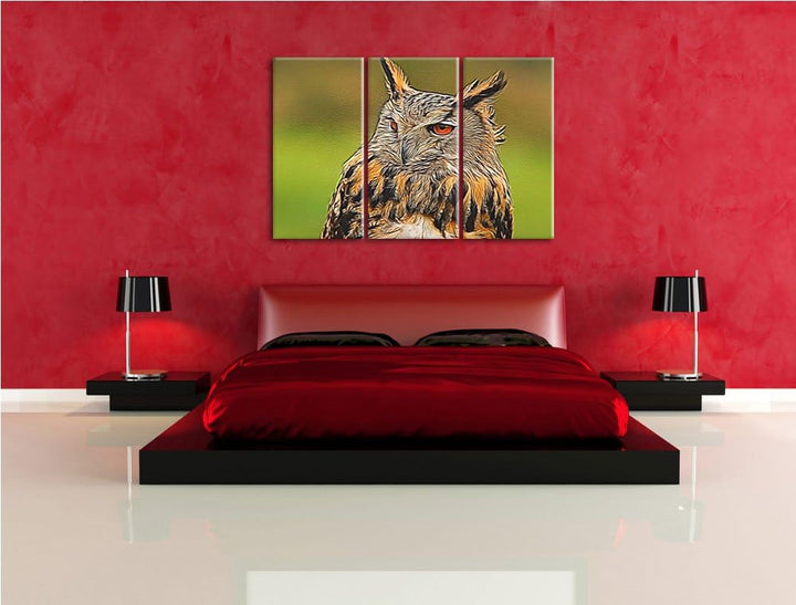 Schläfriger Uhu 3 Teilig, Gesamtgrösse 120x80 cm auf Leinwand, XXL riesige Bilder fertig gerahmt mit