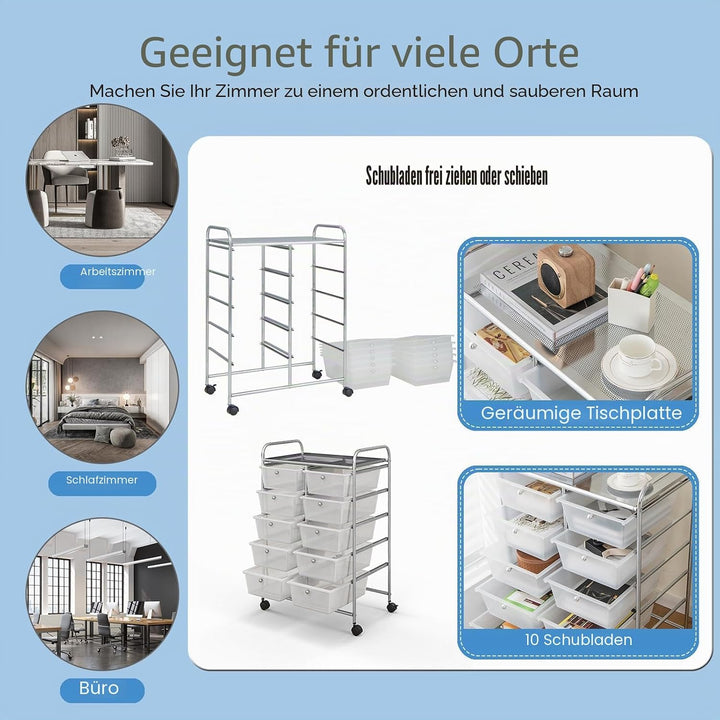 KOMFOTTEU Rollwagen mit 10/15 Schubladen stapelbar, Badrollwagen Rollcontainer mit Metallrahmen, All