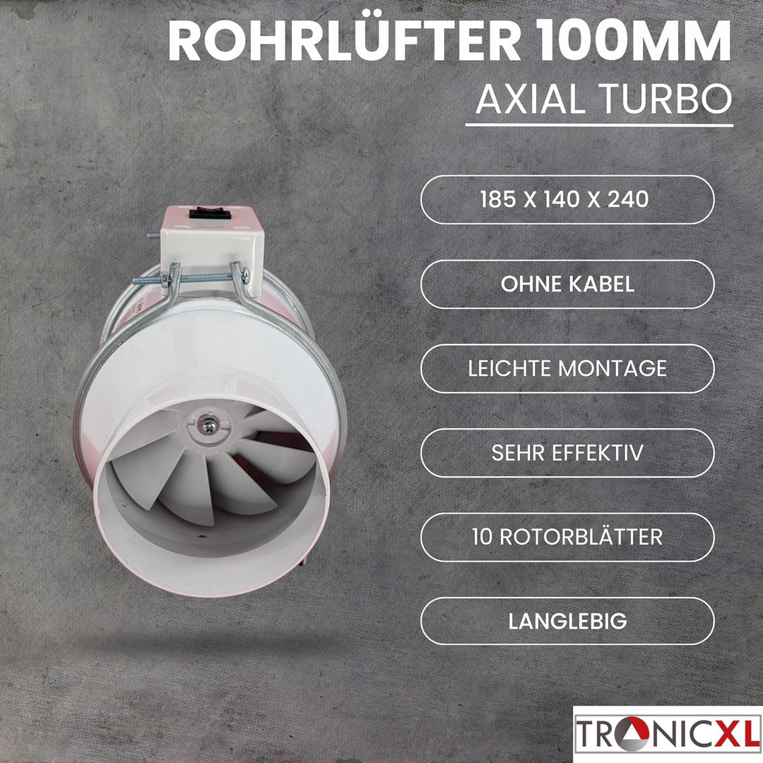 TronicXL Turboventilator Axial Rohrventilator regelbar mit Ein Ausschalter und Kabel 100mm leise Roh