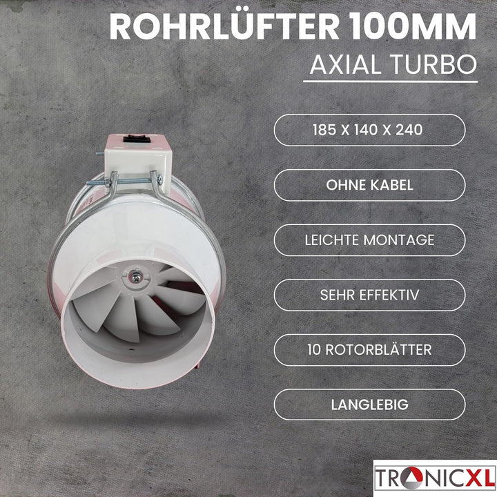 TronicXL Turboventilator Axial Rohrventilator regelbar mit Ein Ausschalter und Kabel 100mm leise Roh