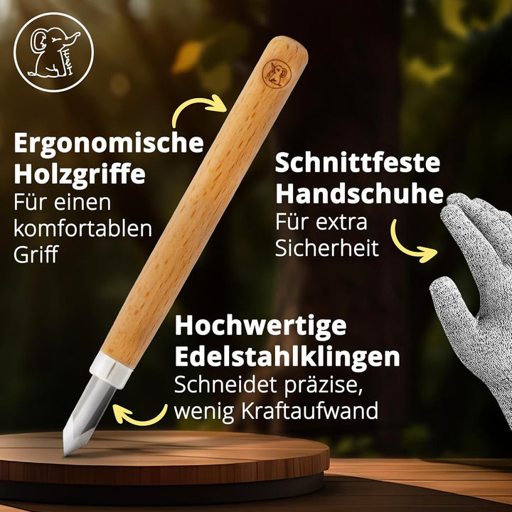 Eli® Schnitzset für Kinder (15-teilig) inkl. Handschuhe - Tasche und Schleifstein - 12 hochwertige S