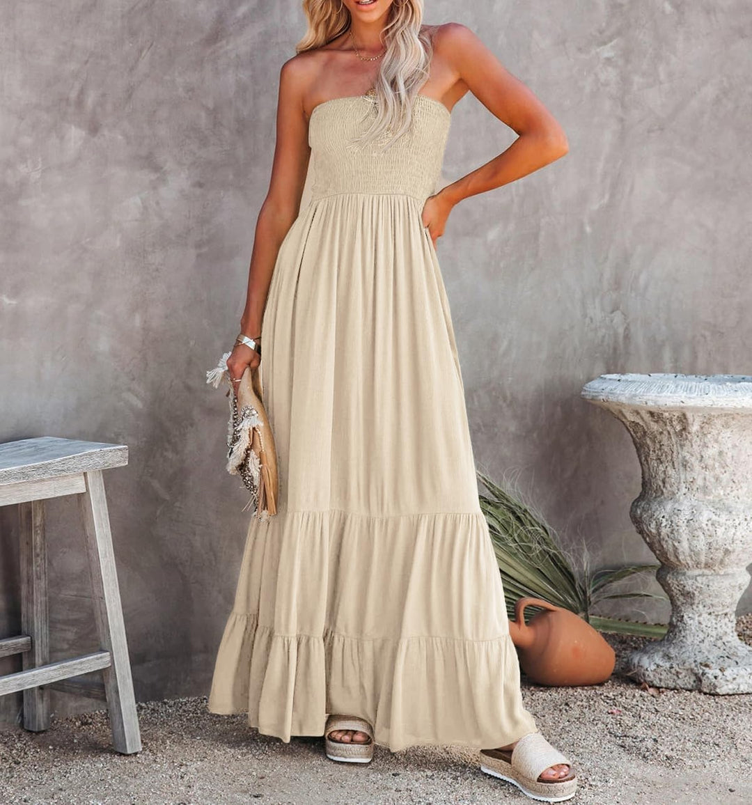 R.Vivimos Sommer Boho Trägerloses Bandeau Shirred Rüschen Tube A Linie Maxikleid S Beige#2, S Beige#