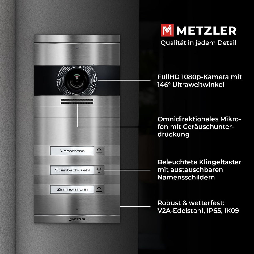Metzler VDM10 2.0 Video Sprechanlage Komplett Set mit austauschbarem Namensschild - Anschluss LAN/PO