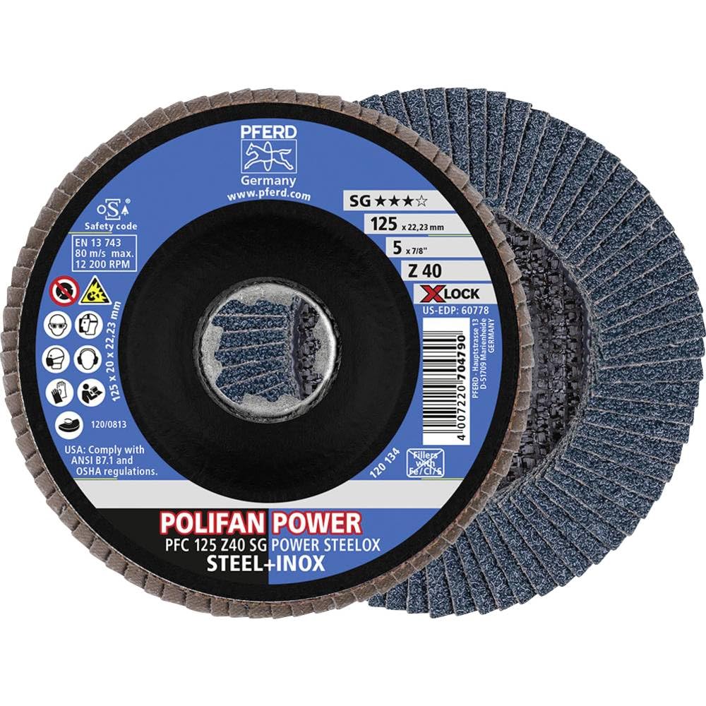 PFERD Fächerscheibe POLIFAN POWER, 10 Stück, 125mm, Z40, X-LOCK (22,23 mm), SG STEELOX, 67784126 – f