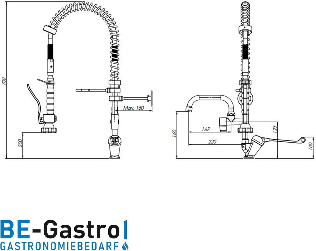 BE-GASTRO® I Profi Gastro Geschirrbrause „Premium“ inkl. Wasserhahn, Mischbatterie & ergonomischem L