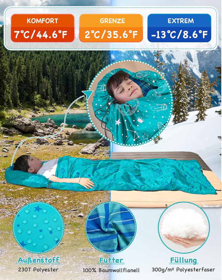 KingCamp Kinderschlafsack Flannel,Leicht, Wasserdicht und Kompakt,Schlafsack Winter,Deckenschlafsack