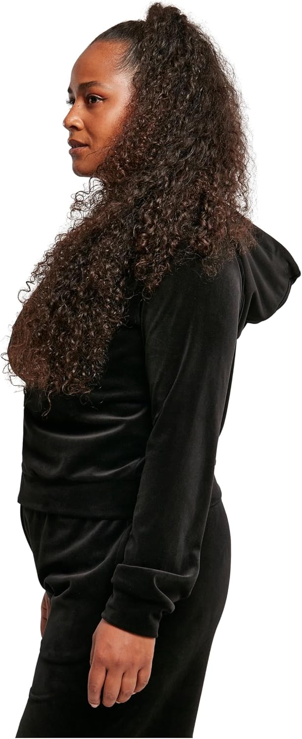 Urban Classics Damen Zip Hoody aus weichem Samtstoff Sweatjacke kurz geschnitten, mit Kapuze und Tas