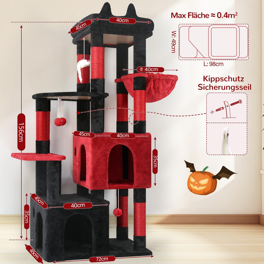 Globlazer Kratzbaum Schwarz Rot für 3-5 Grosse Katzen 156 cm mit 2 Extragross Katzenhaus 45 * 40 * 3