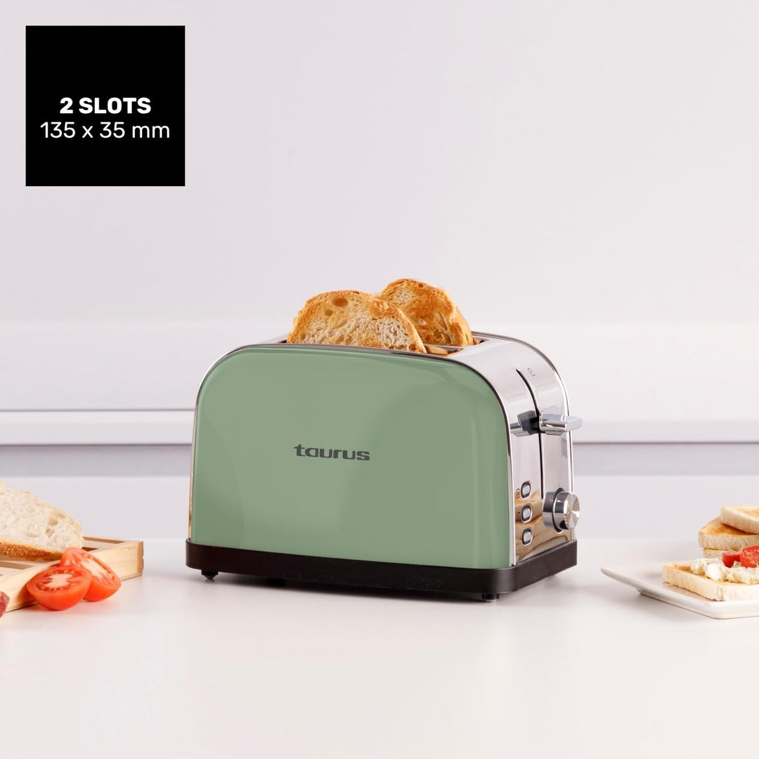 Taurus – Toaster Vintage II Olive, 950W, 2 kurze Schlitze, 7 Stufen, 3 Funktionen, Edelstahl, Zentri
