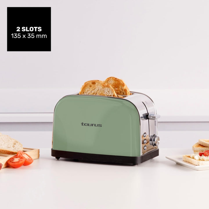 Taurus – Toaster Vintage II Olive, 950W, 2 kurze Schlitze, 7 Stufen, 3 Funktionen, Edelstahl, Zentri