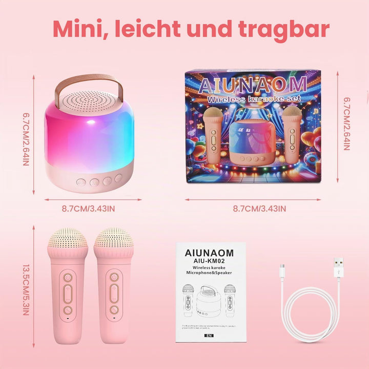 Karaoke Maschine mit 2 Drahtlosen Mikrofonen für Kinder, Tragbarer Bluetooth-Lautsprecher mit LED un